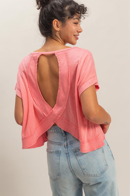 Acid Washed Cross Detail Open Back Top