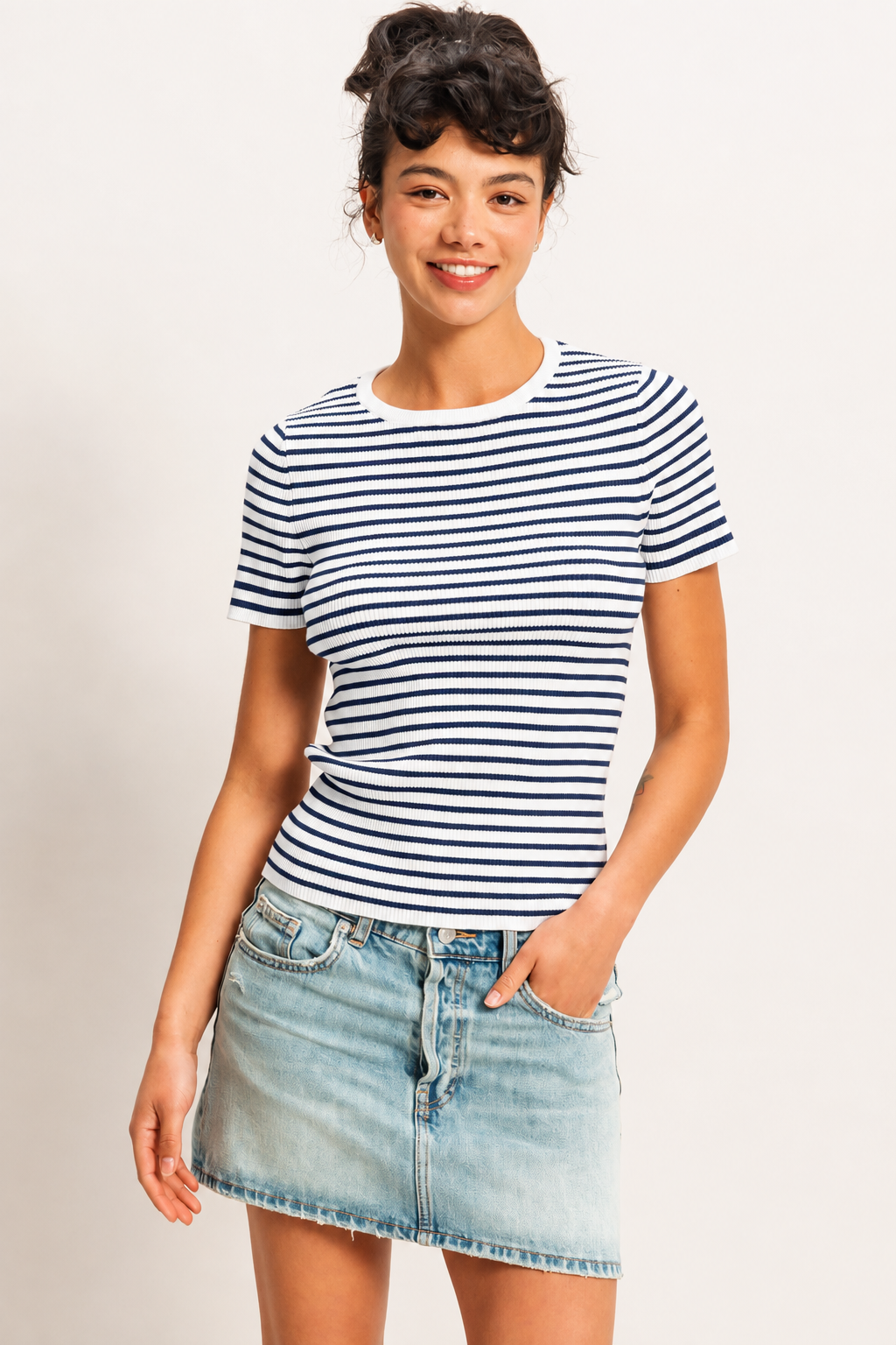 Striped Ribbed Short Sleeve Crew Neck Knit Top