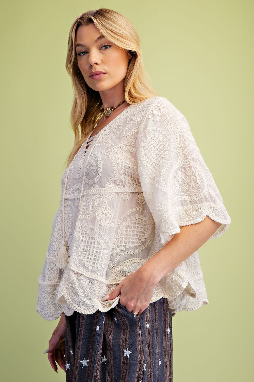 Half Sleeve Embroidery Babydoll Tunic