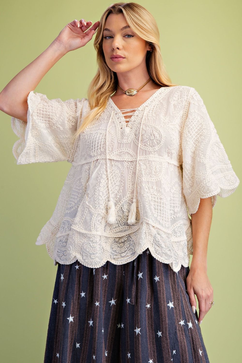 Half Sleeve Embroidery Babydoll Tunic