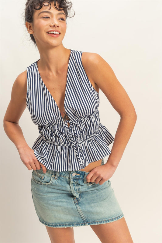 Striped Tie Front Peplum Sleeveless Top