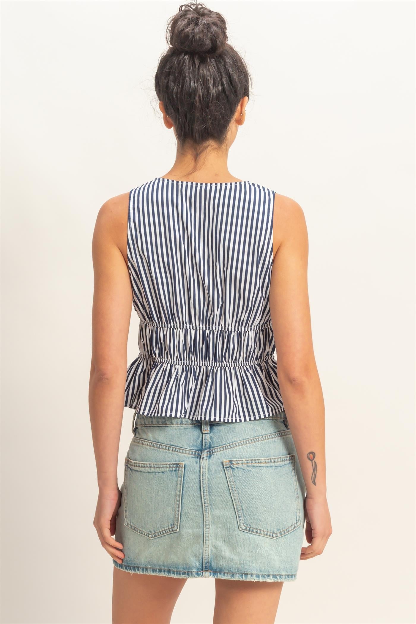 Striped Tie Front Peplum Sleeveless Top
