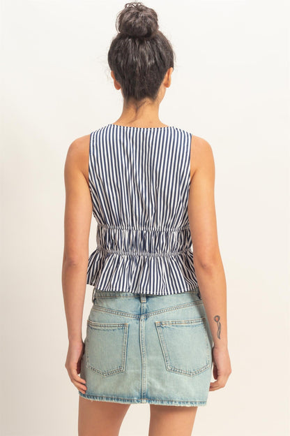 Striped Tie Front Peplum Sleeveless Top