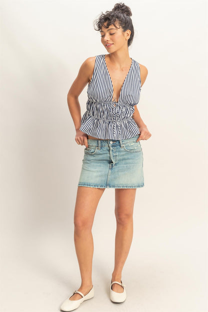 Striped Tie Front Peplum Sleeveless Top