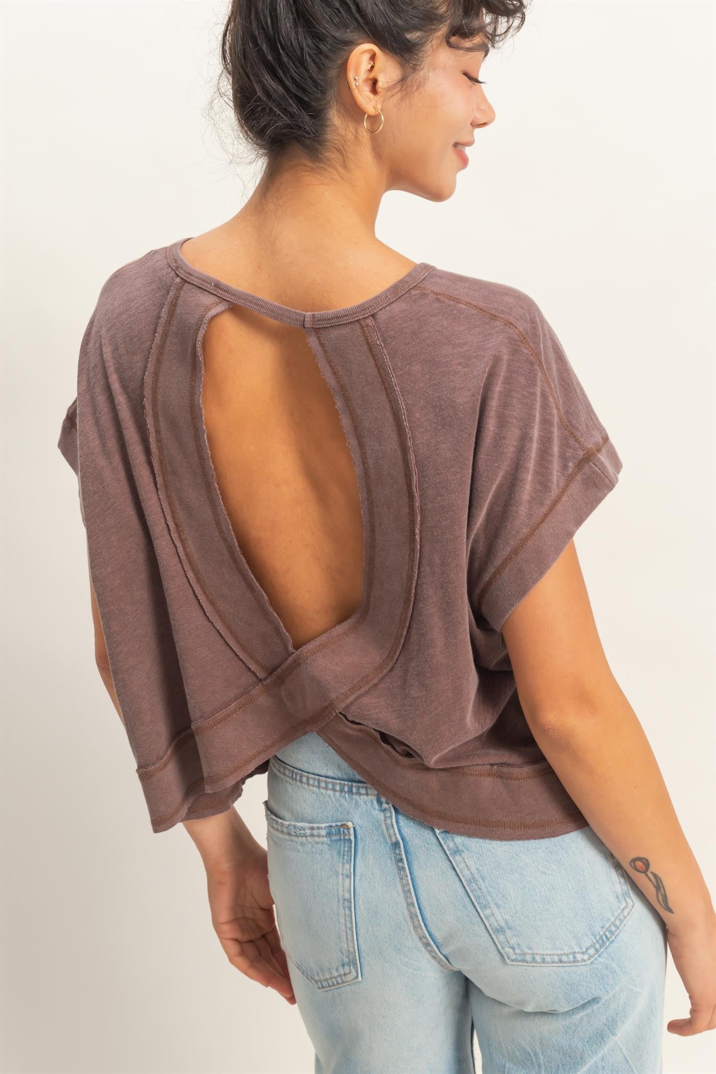 Acid Washed Cross Detail Open Back Top