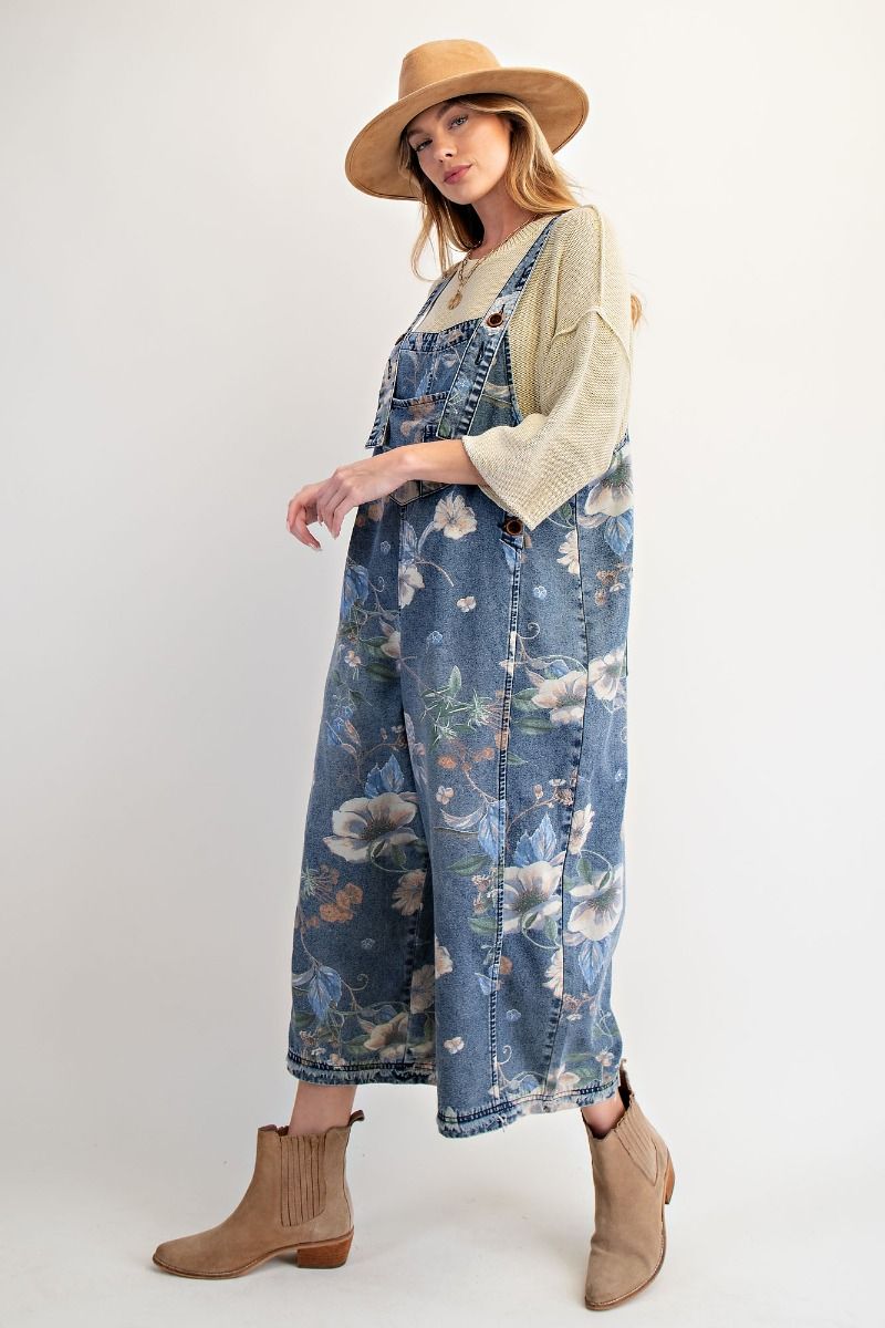 Flower Printed Washed Denim Overalls