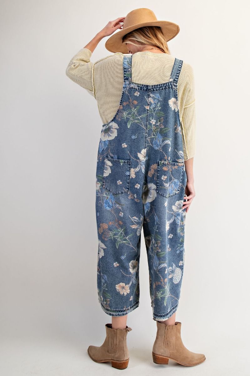 Flower Printed Washed Denim Overalls