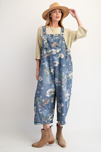 Flower Printed Washed Denim Overalls
