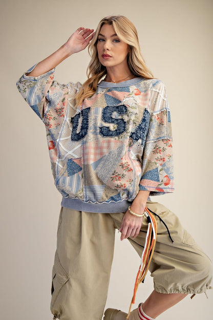 USA Patch Front Printed Washed Terry Pullover