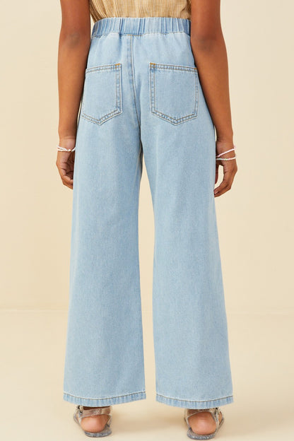 Girls Wide Leg Drawstring Waist Denim Pants
