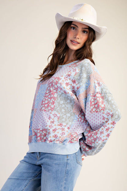 Floral Printed Washed Terry Pullover