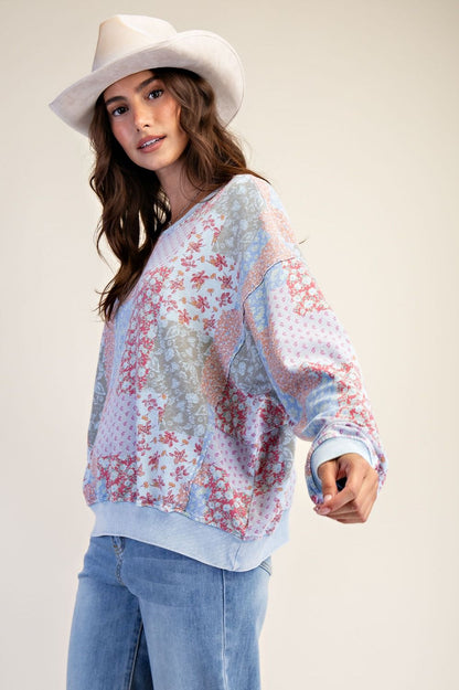 Floral Printed Washed Terry Pullover