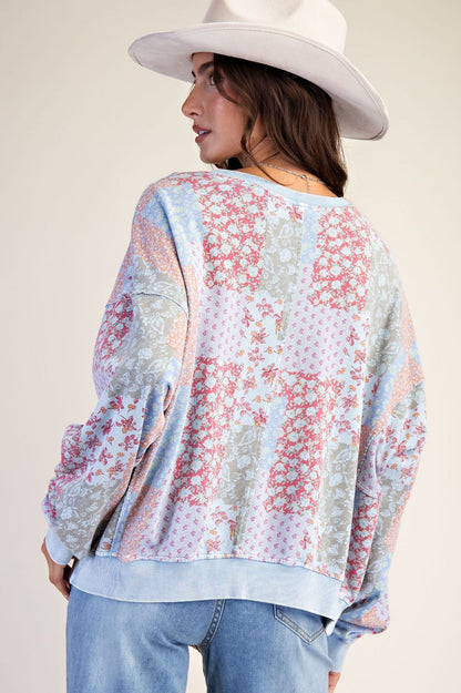 Floral Printed Washed Terry Pullover