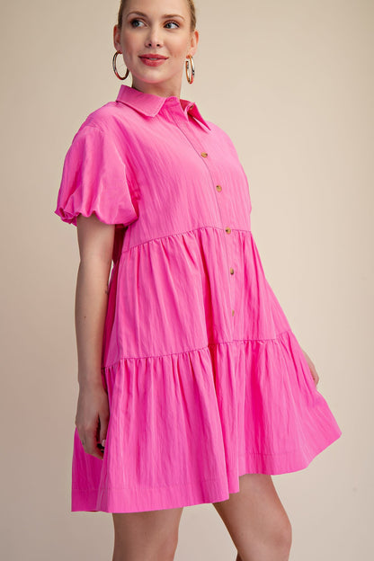 Collared Button Down Tiered Skirt Mini Dress