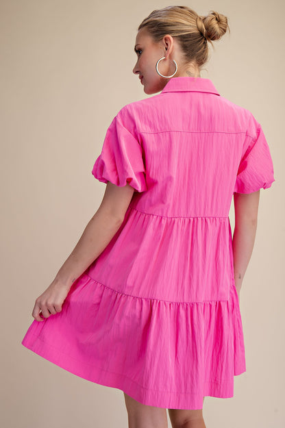 Collared Button Down Tiered Skirt Mini Dress