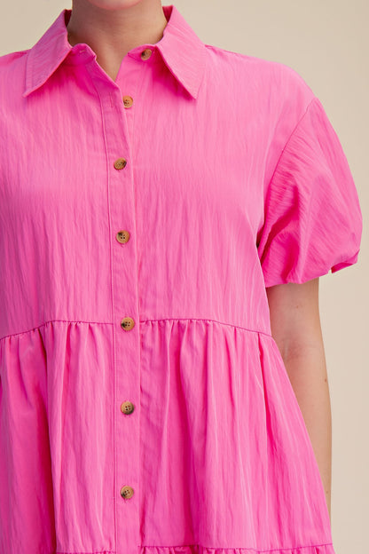 Collared Button Down Tiered Skirt Mini Dress