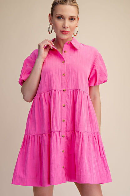 Collared Button Down Tiered Skirt Mini Dress