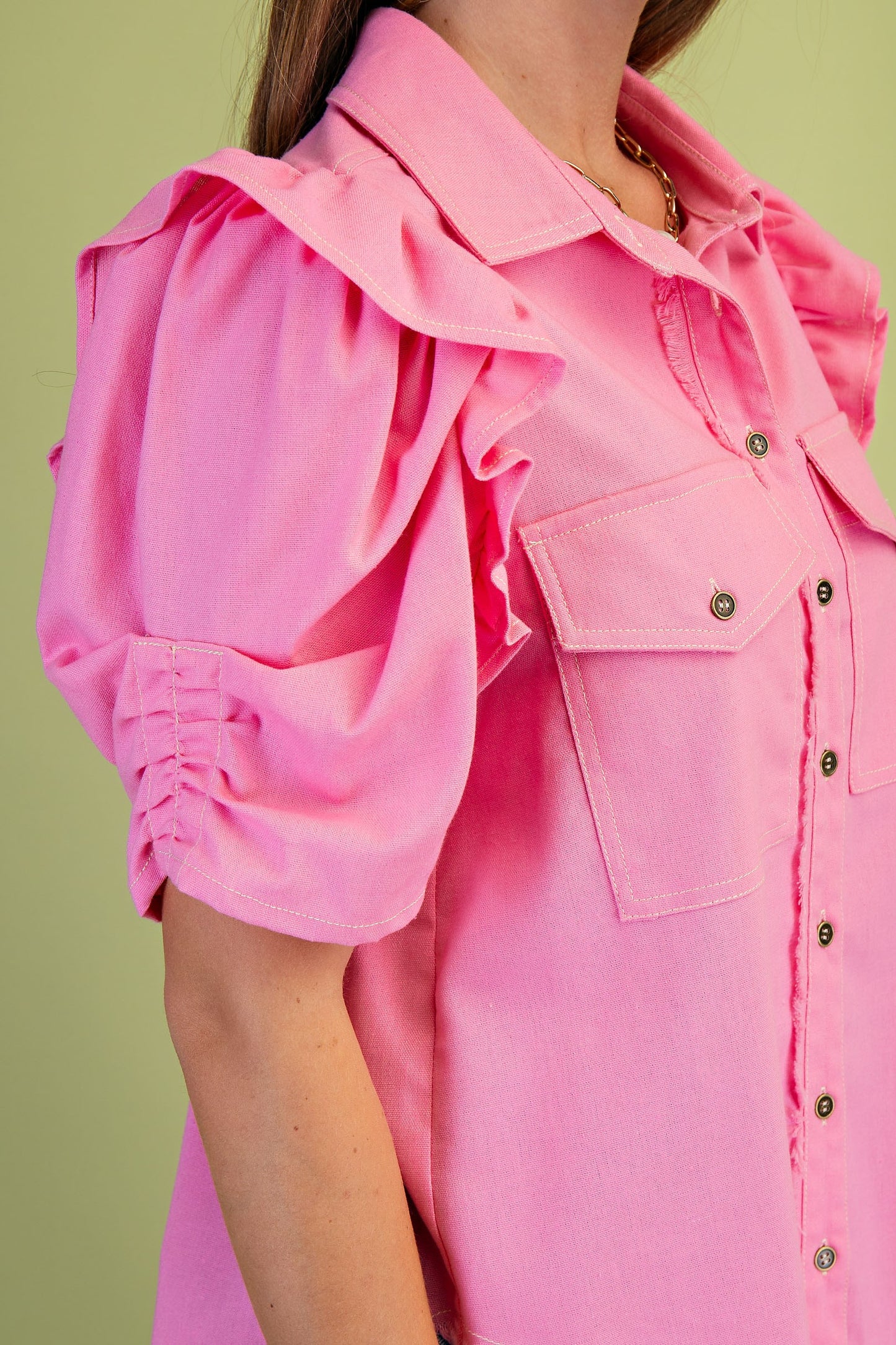 Ruffled Gathered Sleeve Linen Button Up Shirt Top