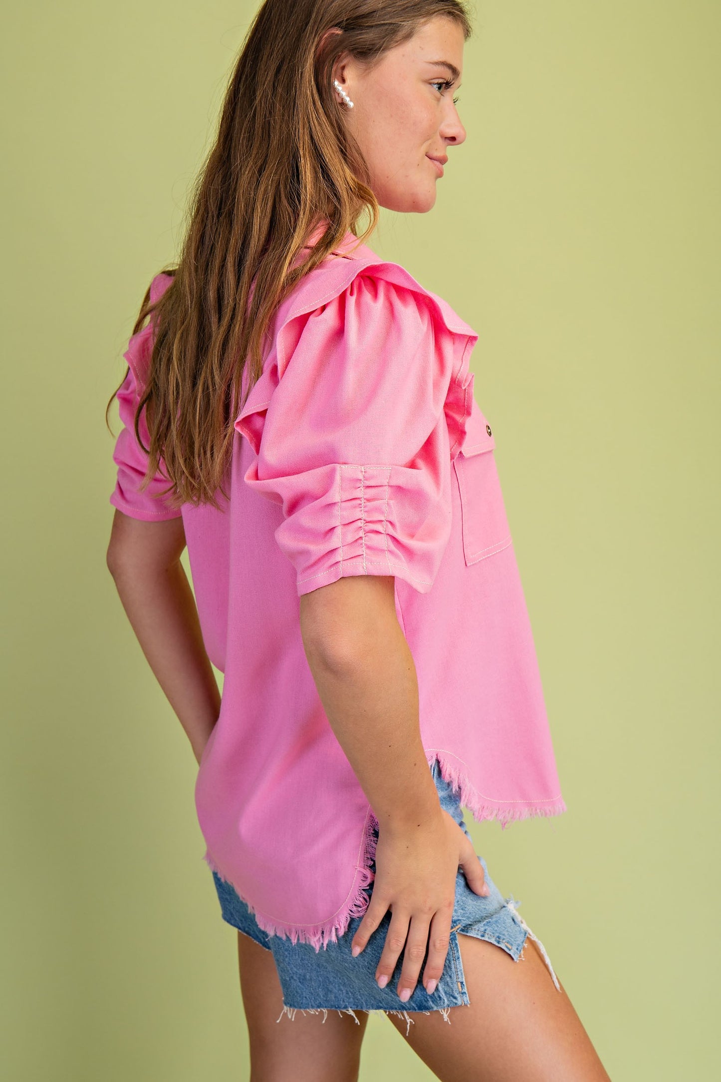 Ruffled Gathered Sleeve Linen Button Up Shirt Top