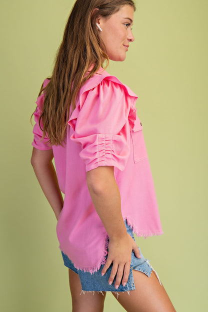 Ruffled Gathered Sleeve Linen Button Up Shirt Top