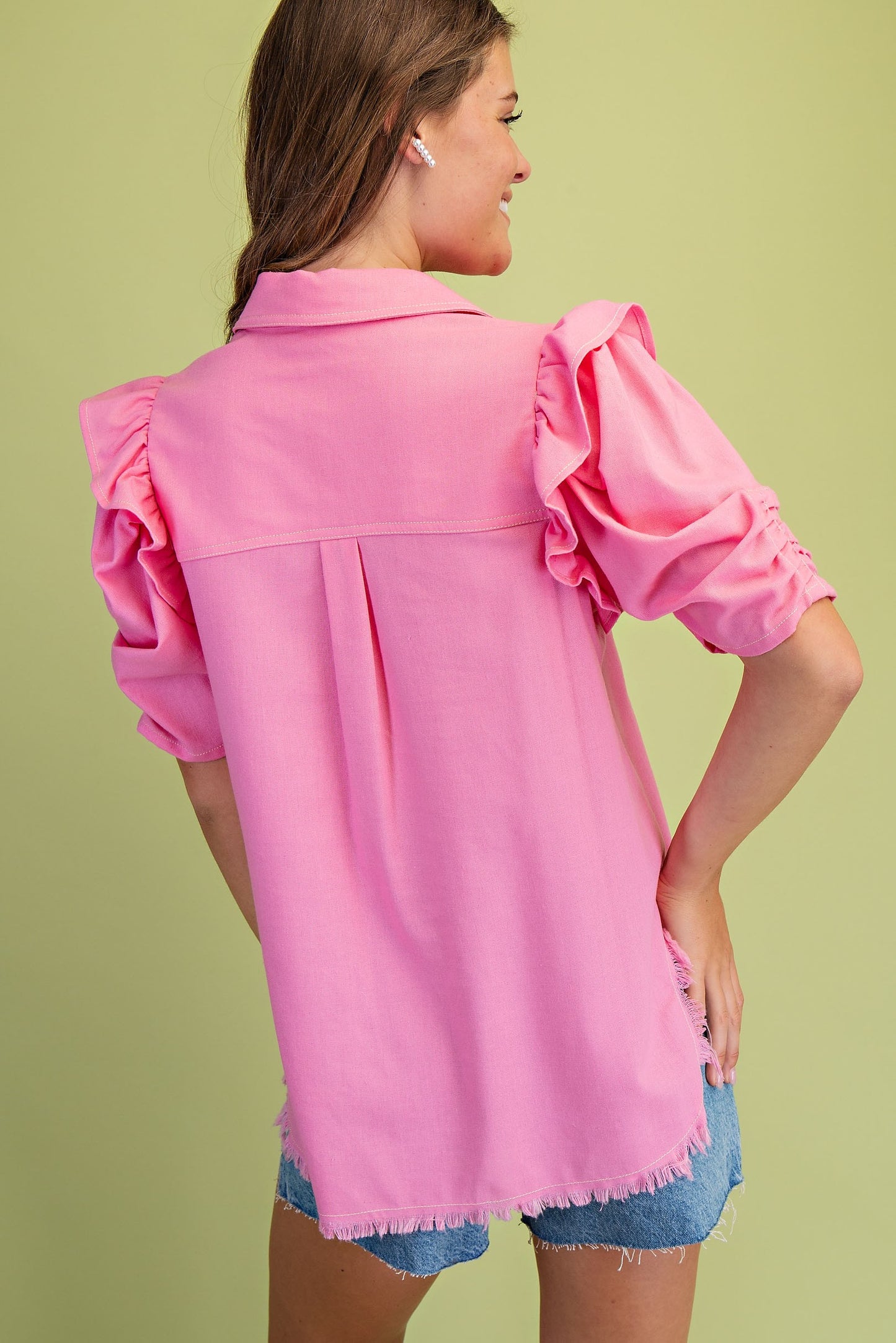 Ruffled Gathered Sleeve Linen Button Up Shirt Top