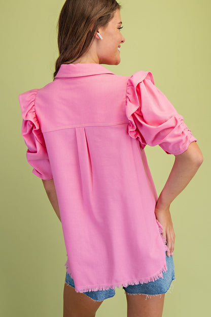 Ruffled Gathered Sleeve Linen Button Up Shirt Top