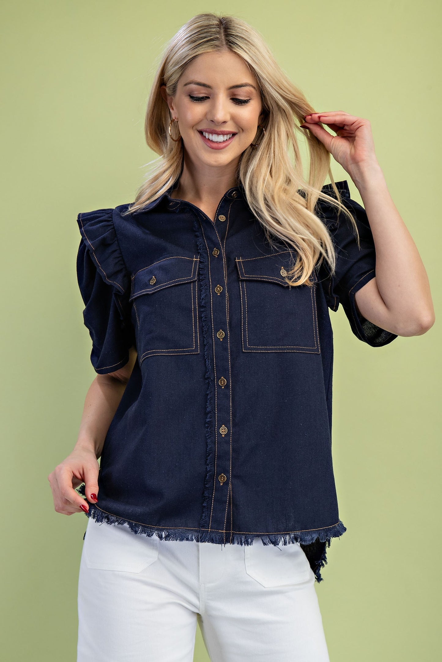 Ruffled Gathered Sleeve Linen Button Up Shirt Top