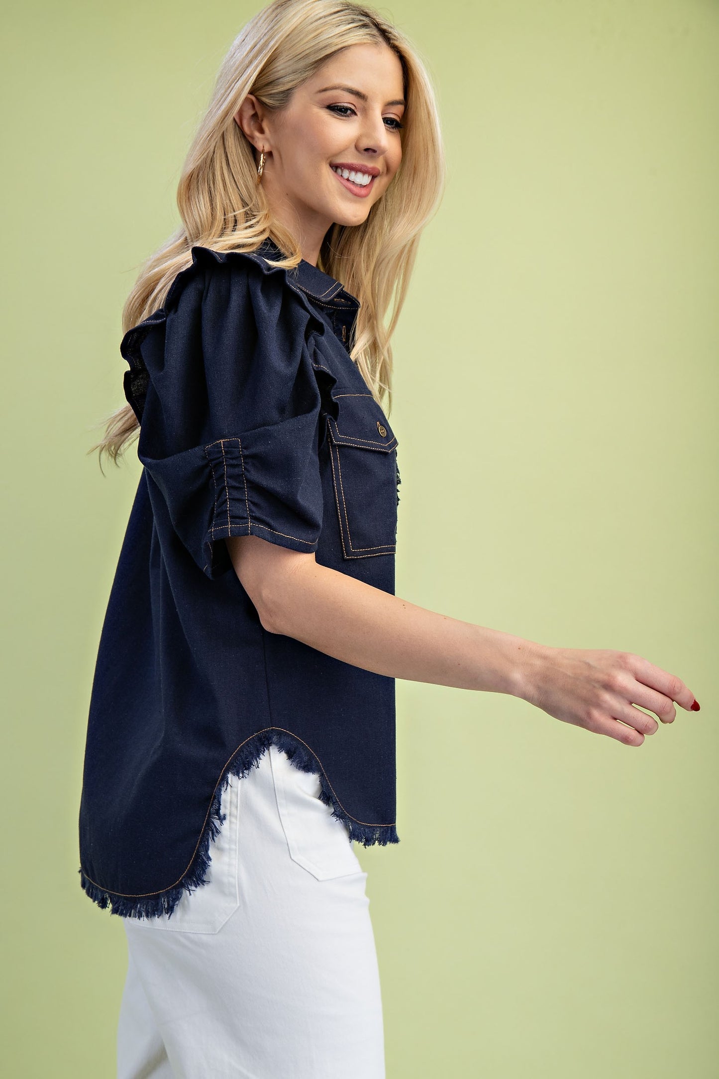 Ruffled Gathered Sleeve Linen Button Up Shirt Top