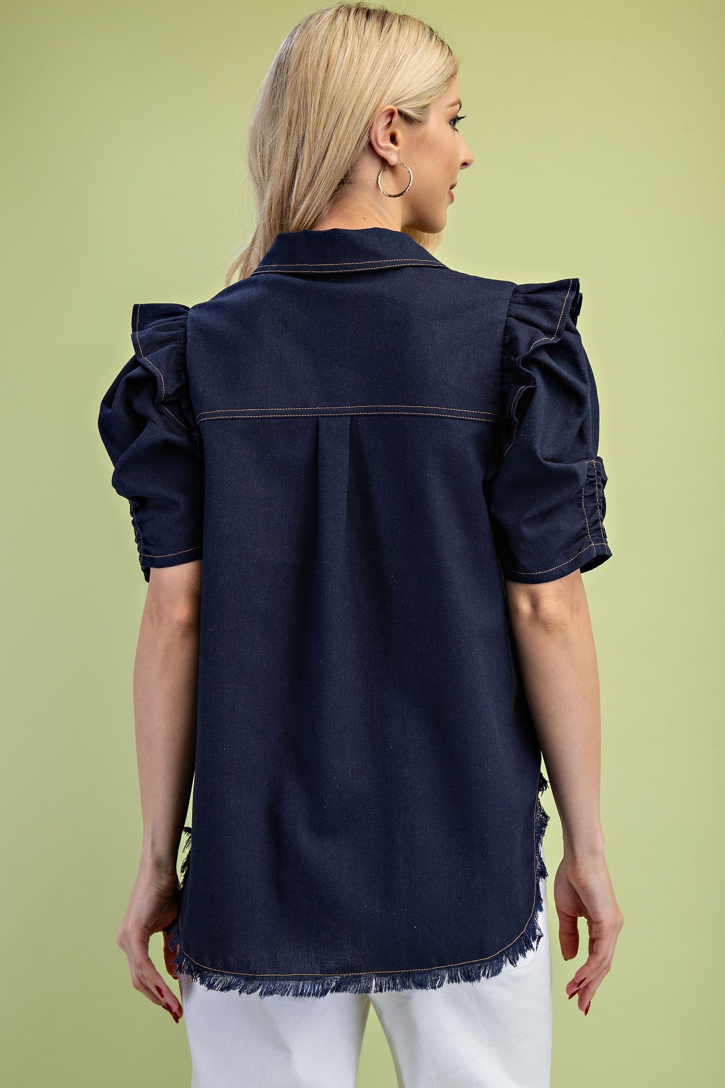 Ruffled Gathered Sleeve Linen Button Up Shirt Top