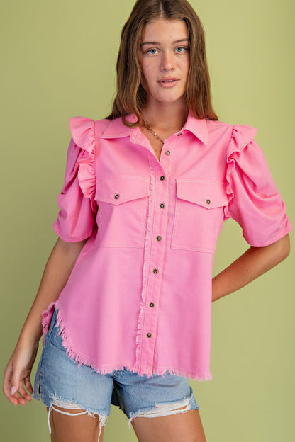 Ruffled Gathered Sleeve Linen Button Up Shirt Top