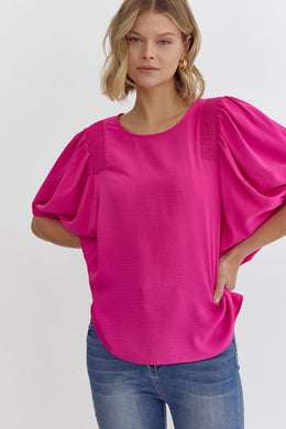 Hot Pink Puff Ruche Sleeve Top