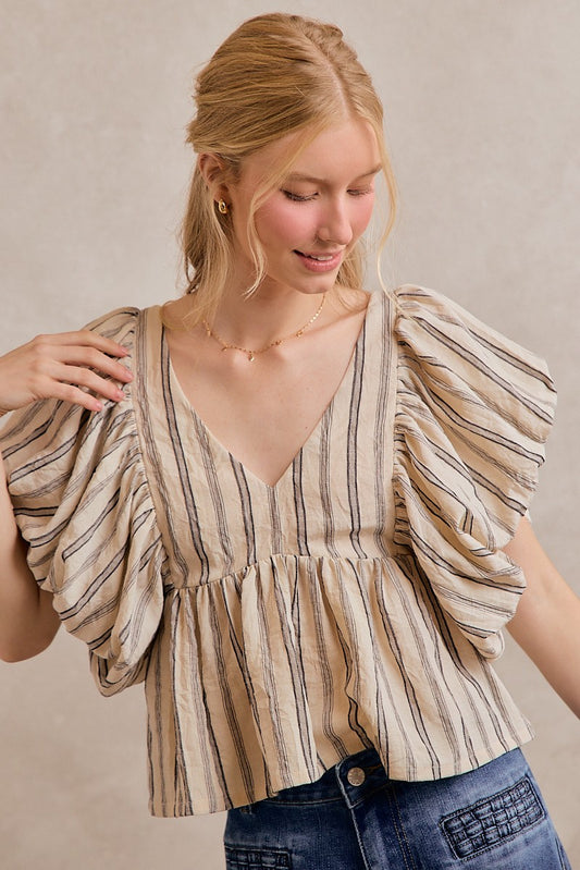 Stripe Bubble Sleeves Back Smocked Lined Blouse