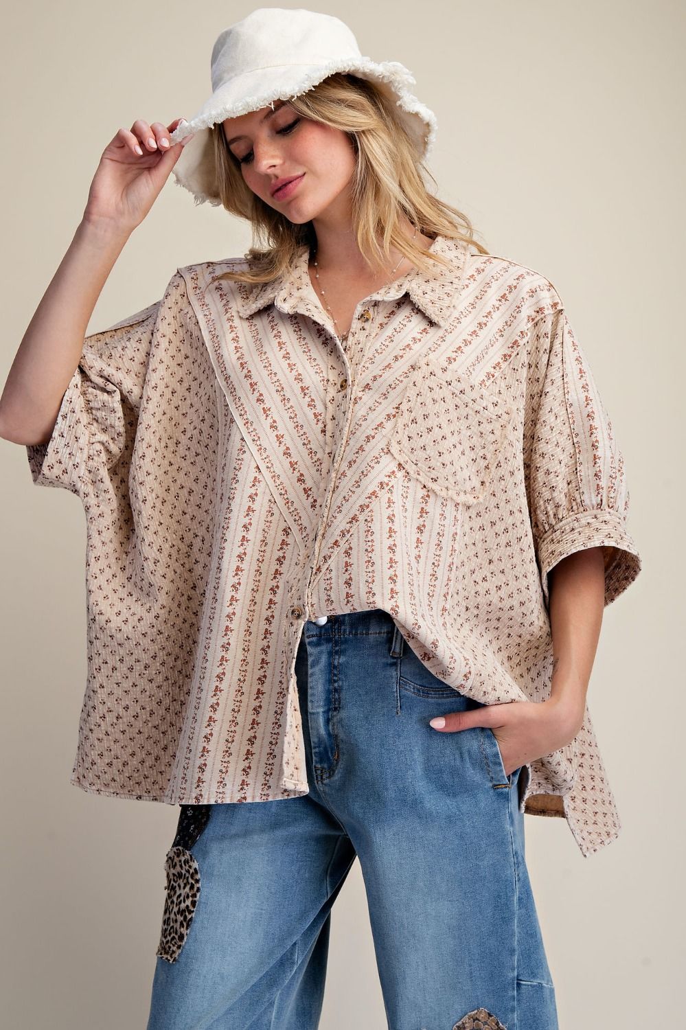 Printed Button Down Washed Shirt