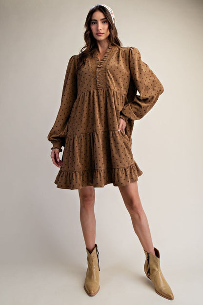 Polka Dot Printed Corduroy Tiered Dress