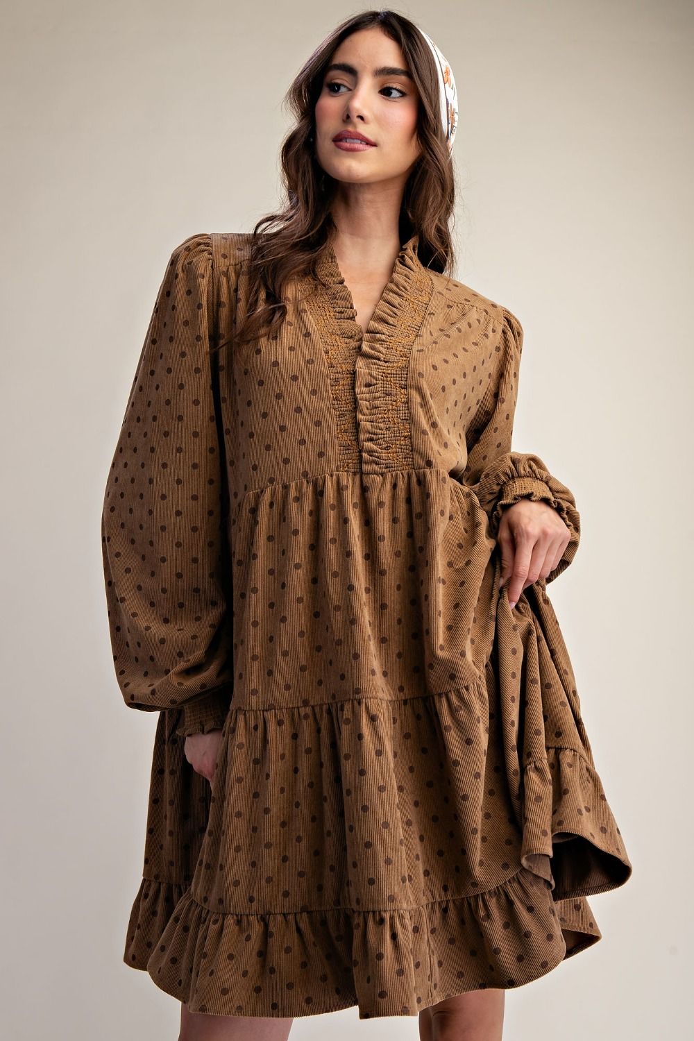 Polka Dot Printed Corduroy Tiered Dress