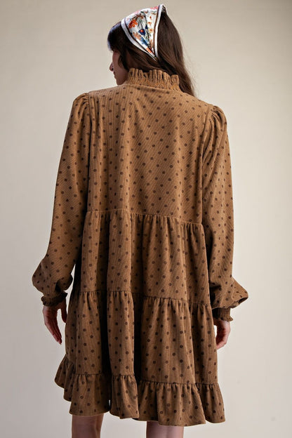 Polka Dot Printed Corduroy Tiered Dress