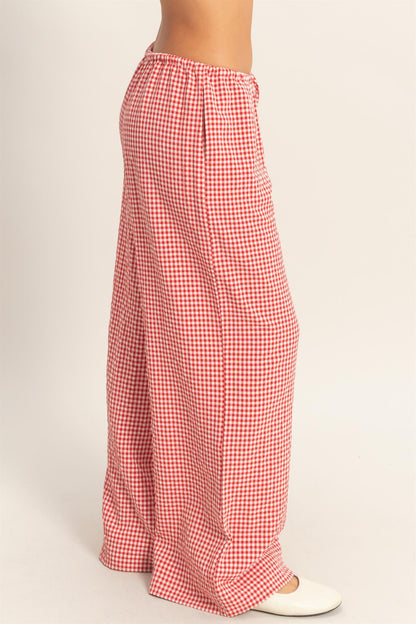 Gingham Drawstring Wide-Leg Pants