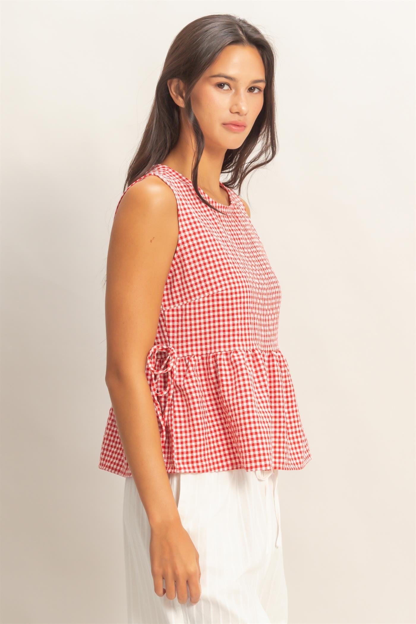 Gingham Sleeveless Peplum Top With Side Ties