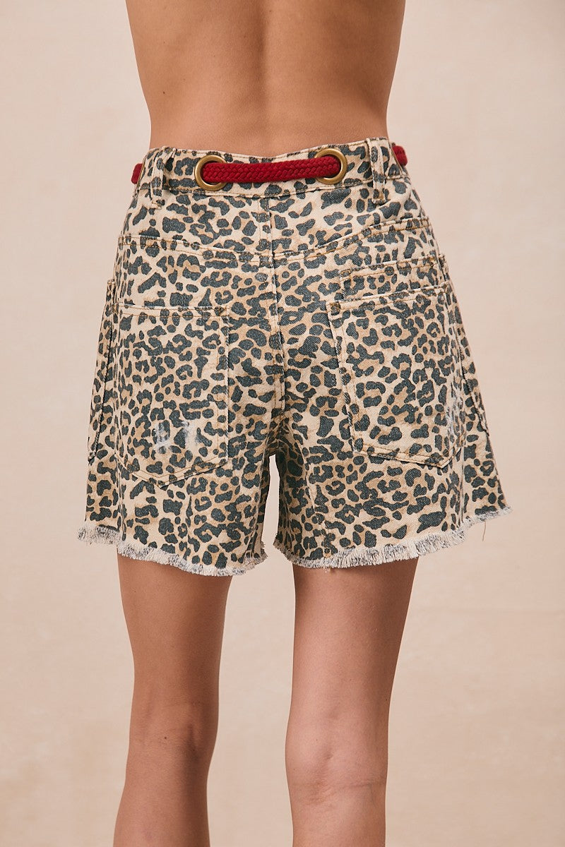 Braided Waist Belt Patch Pockets Leopard Print Shorts