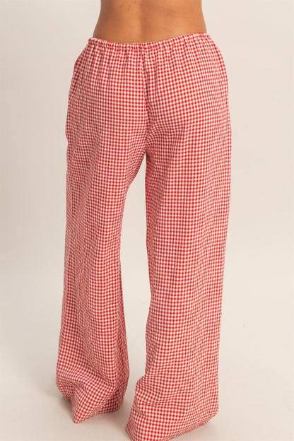 Gingham Drawstring Wide-Leg Pants