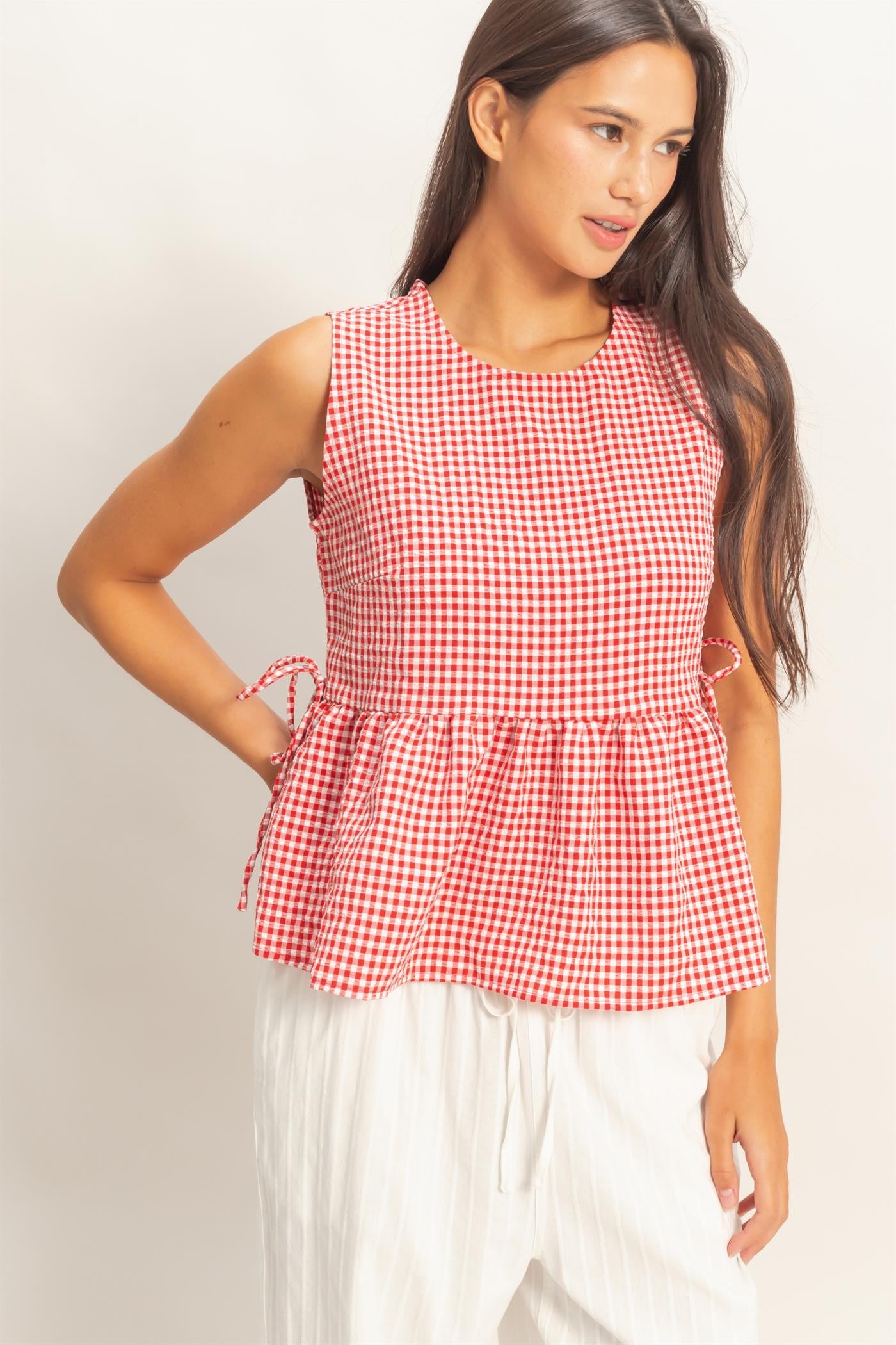 Gingham Sleeveless Peplum Top With Side Ties