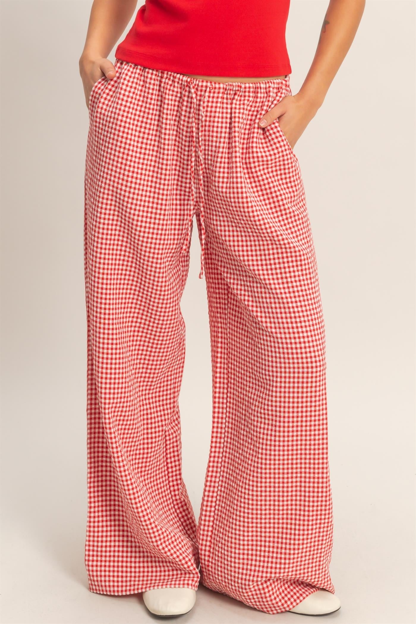 Gingham Drawstring Wide-Leg Pants