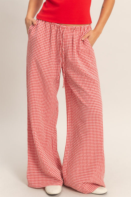 Gingham Drawstring Wide-Leg Pants