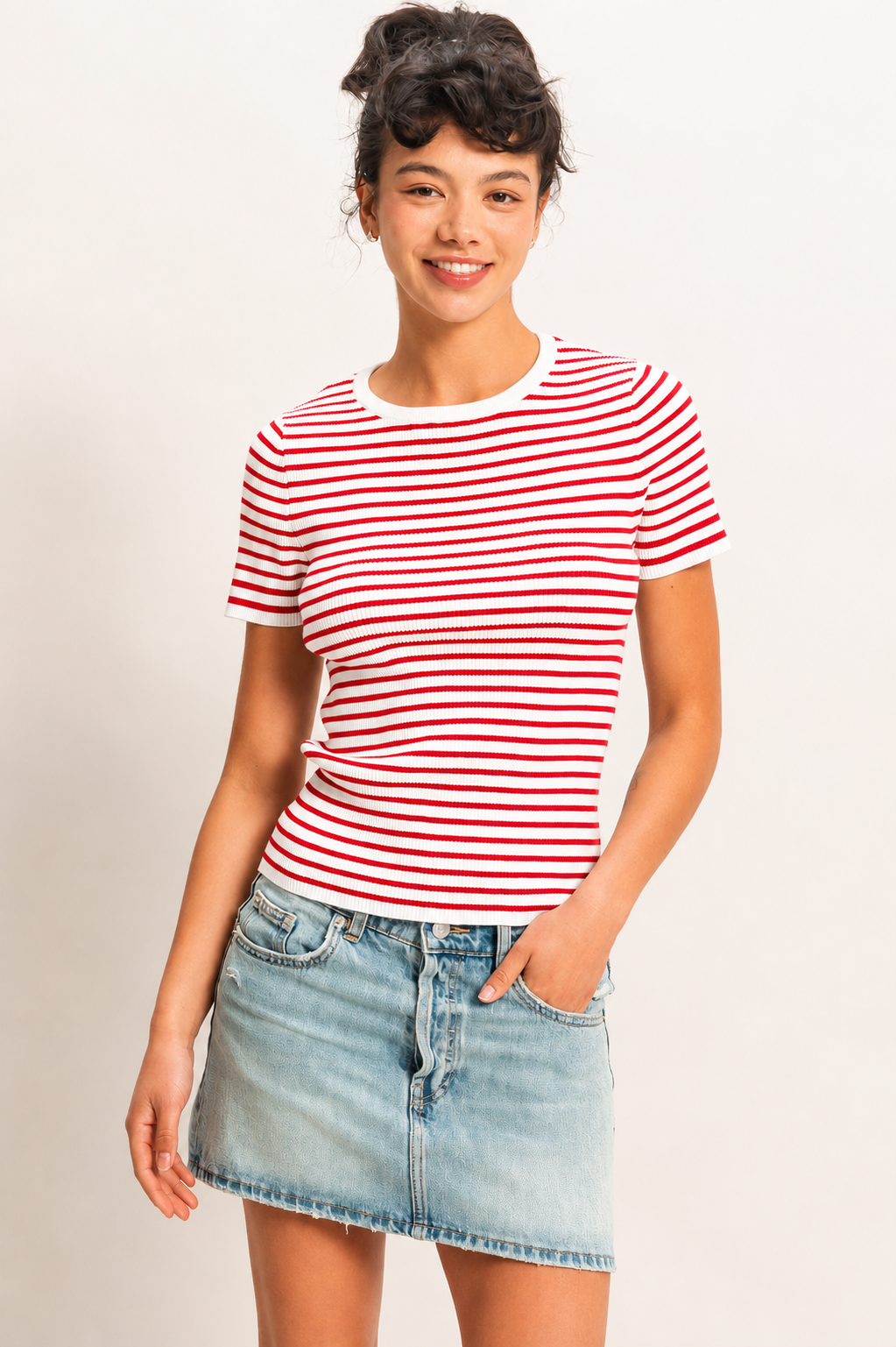 Striped Ribbed Short Sleeve Crew Neck Knit Top