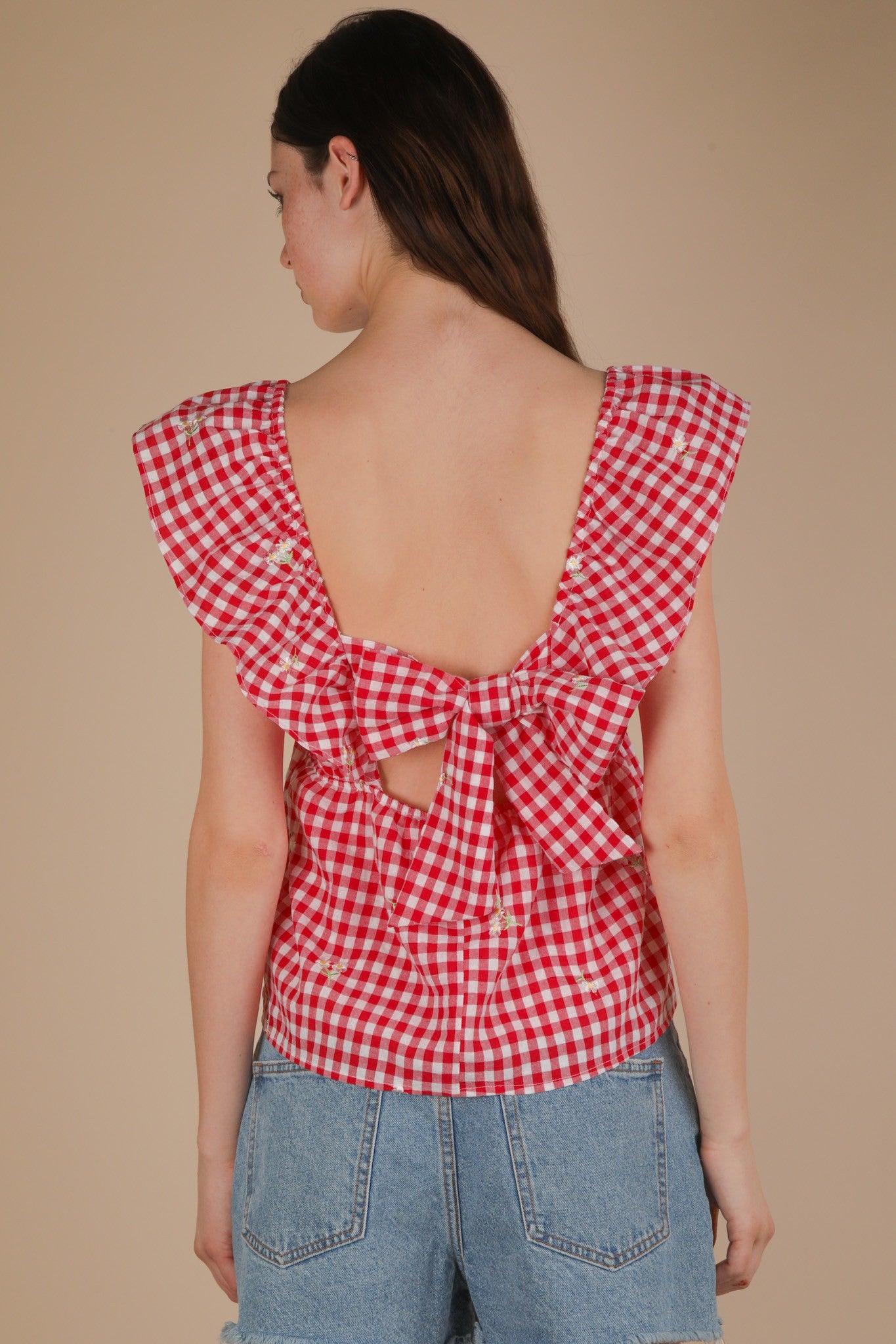 Embroidered Check Sleeveless Blouse