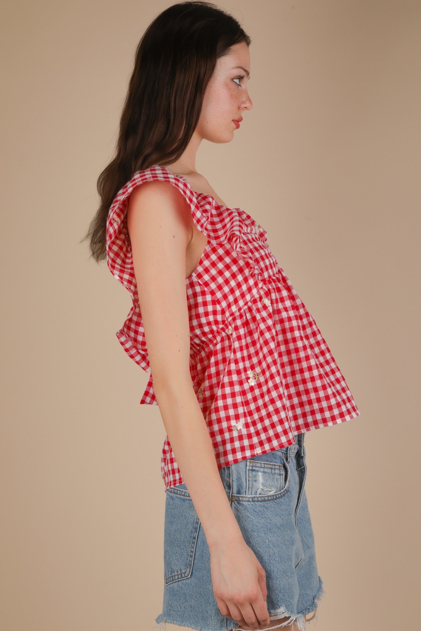 Embroidered Check Sleeveless Blouse