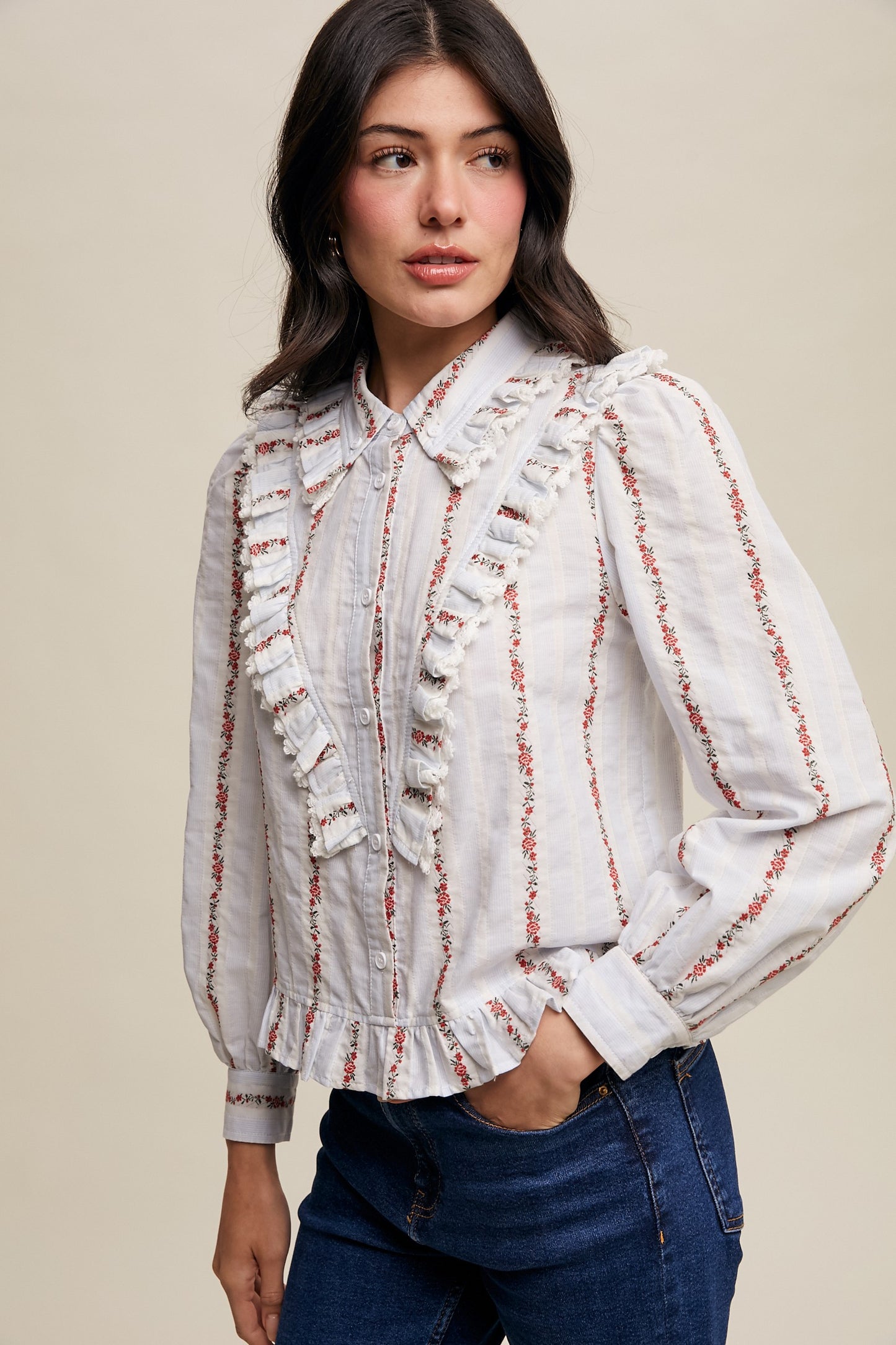 Vintage Ruffle-trim Floral Embroidered Blouse