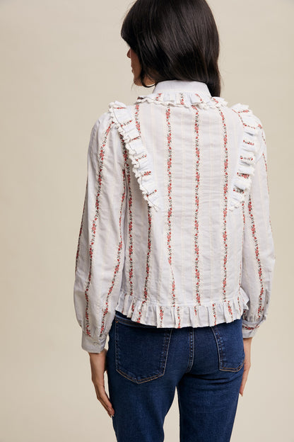 Vintage Ruffle-trim Floral Embroidered Blouse