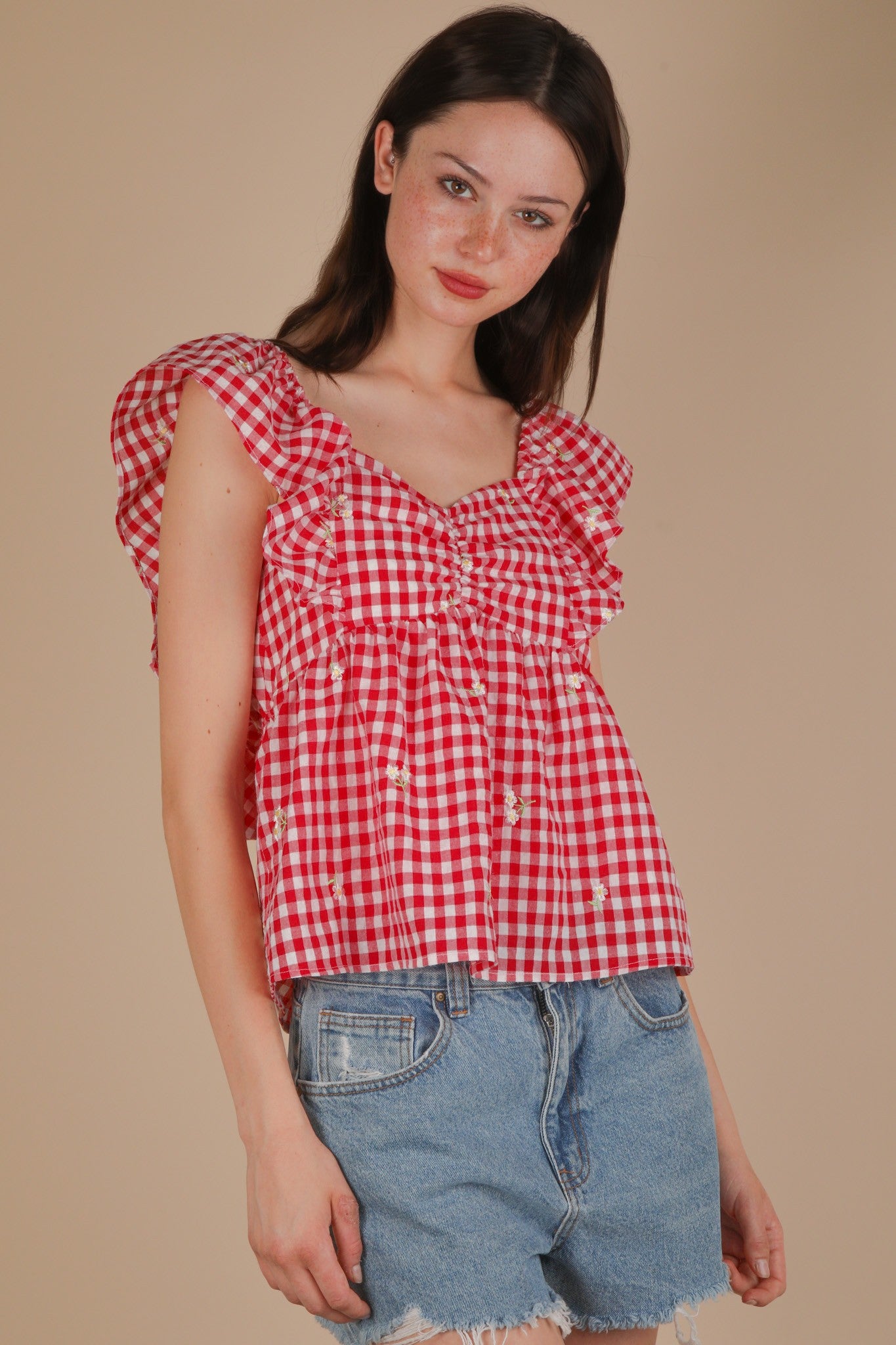 Embroidered Check Sleeveless Blouse
