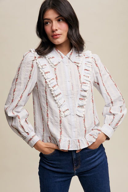 Vintage Ruffle-trim Floral Embroidered Blouse
